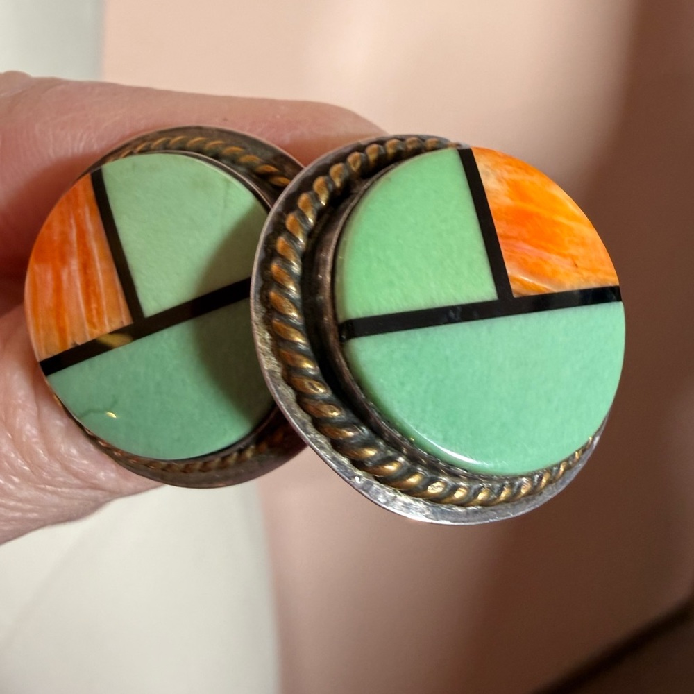 Native American Zuni Mosaic Turquoise Coral Sterling silver Oversized Earrings